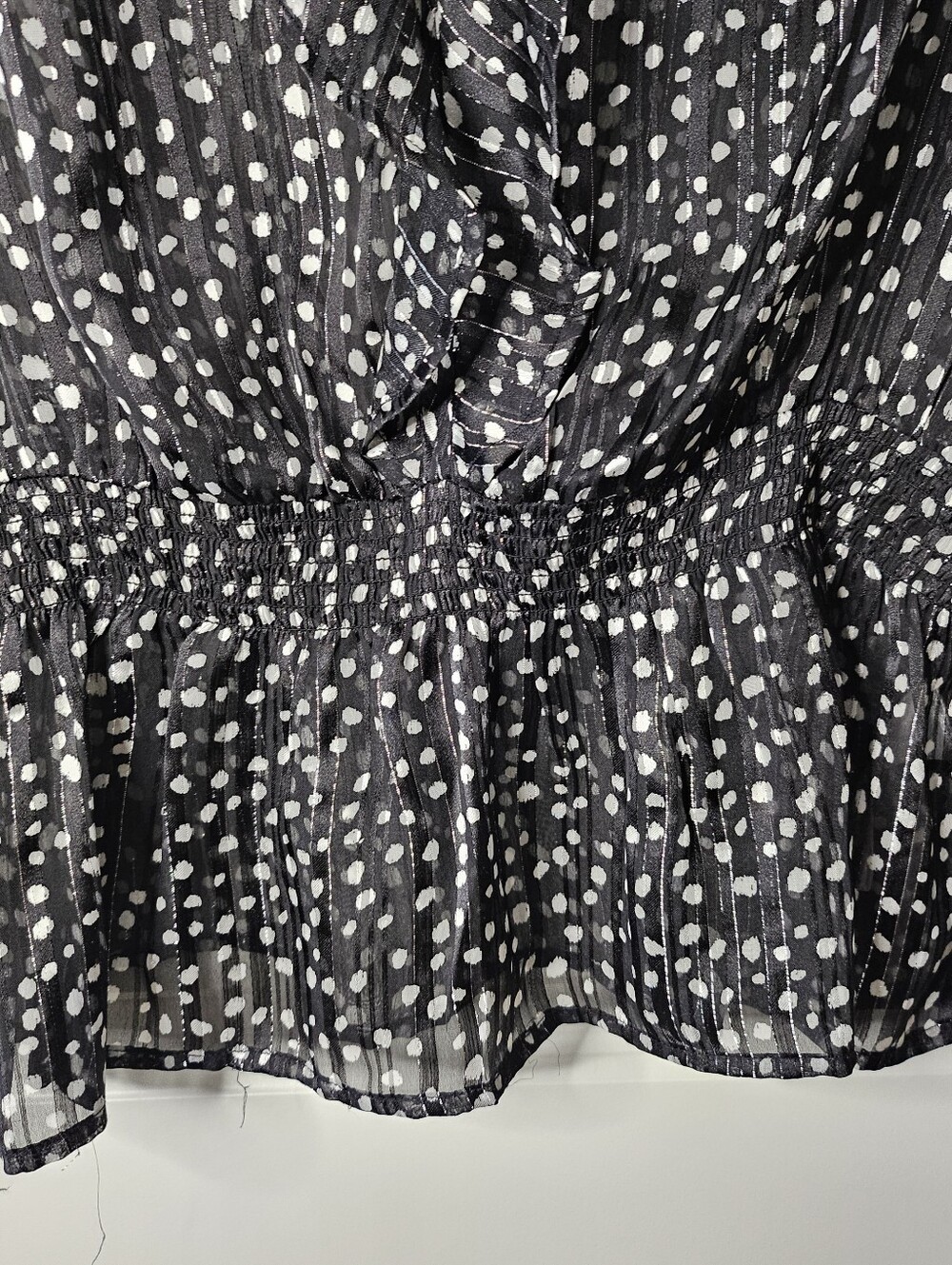 Emaline Petite Large Black Polka Dot Blouse Ruffle Smocked Peplum Sheer Metallic - Picture 6 of 14